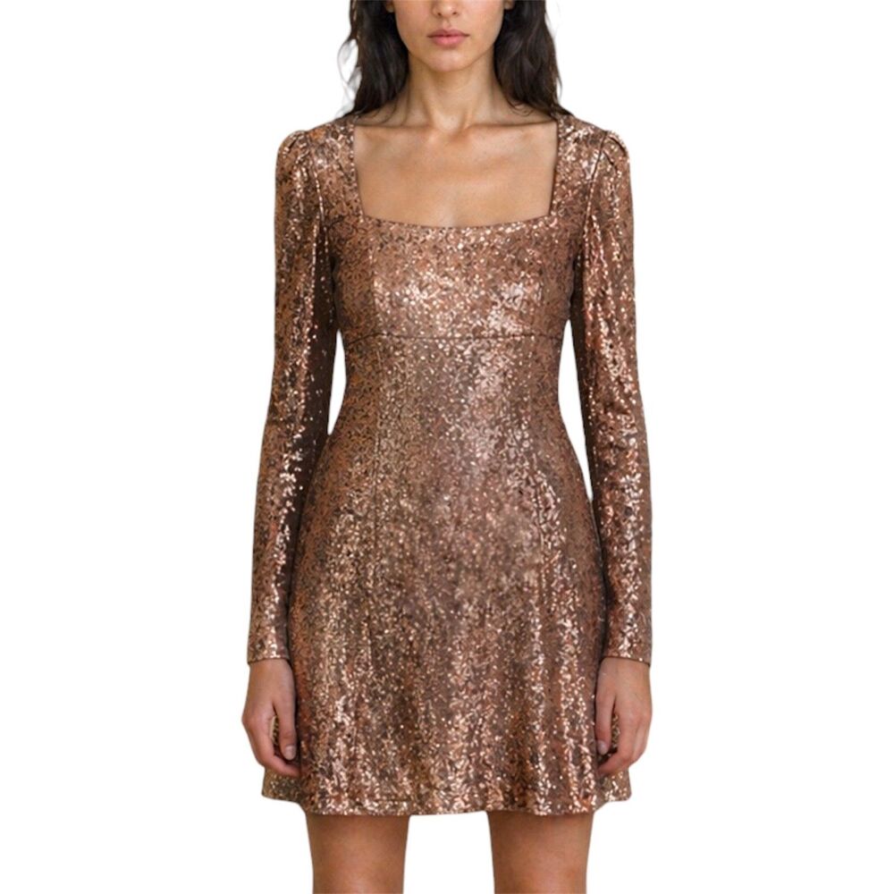 Intermix Hilary brown Bronze Sequin Mini Dress Long Sleeve Square Neck Size 8